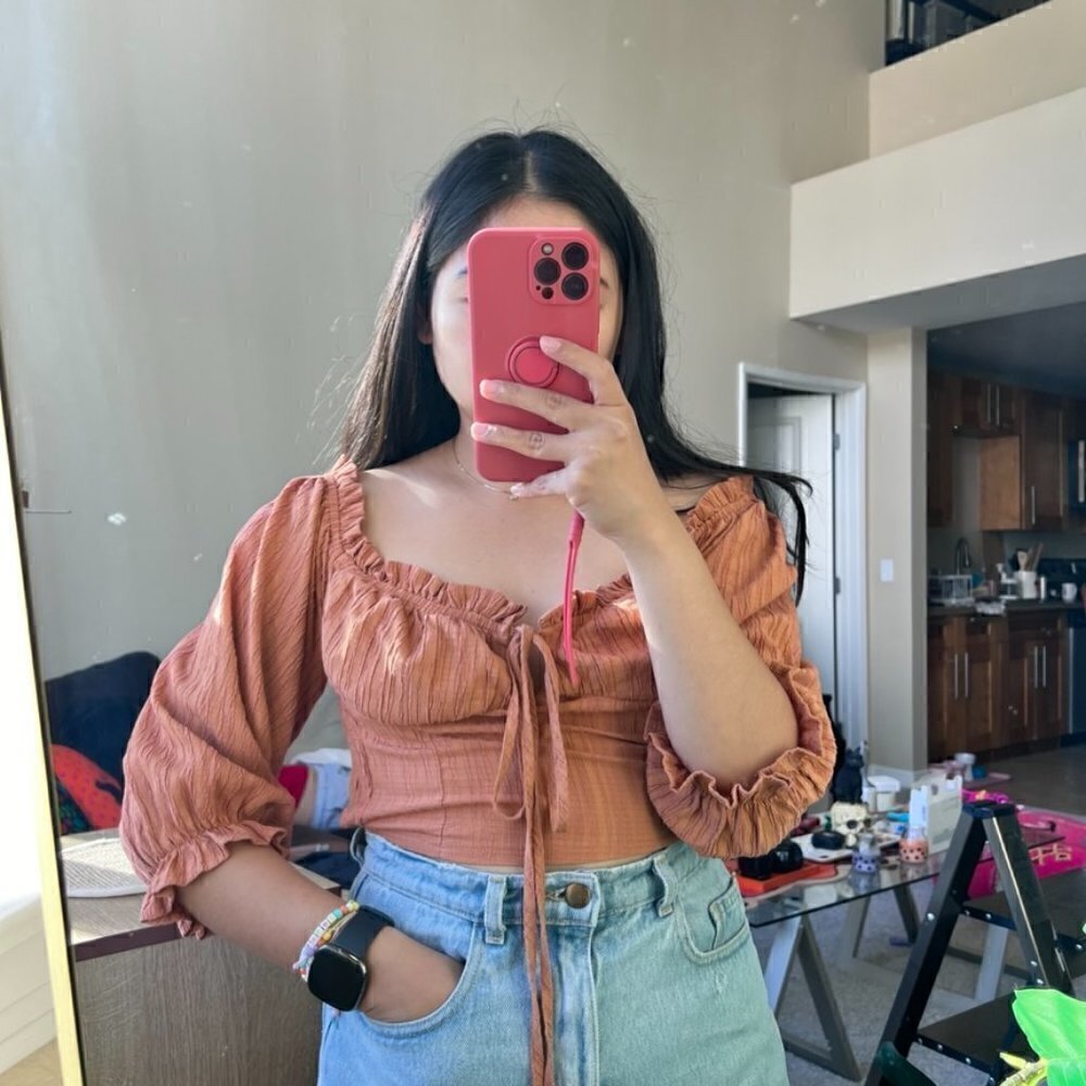 O. Vianca Brown Sweetheart Quarter Sleeves Crop Top M​​​​​​​​​​​​​​​​​​​